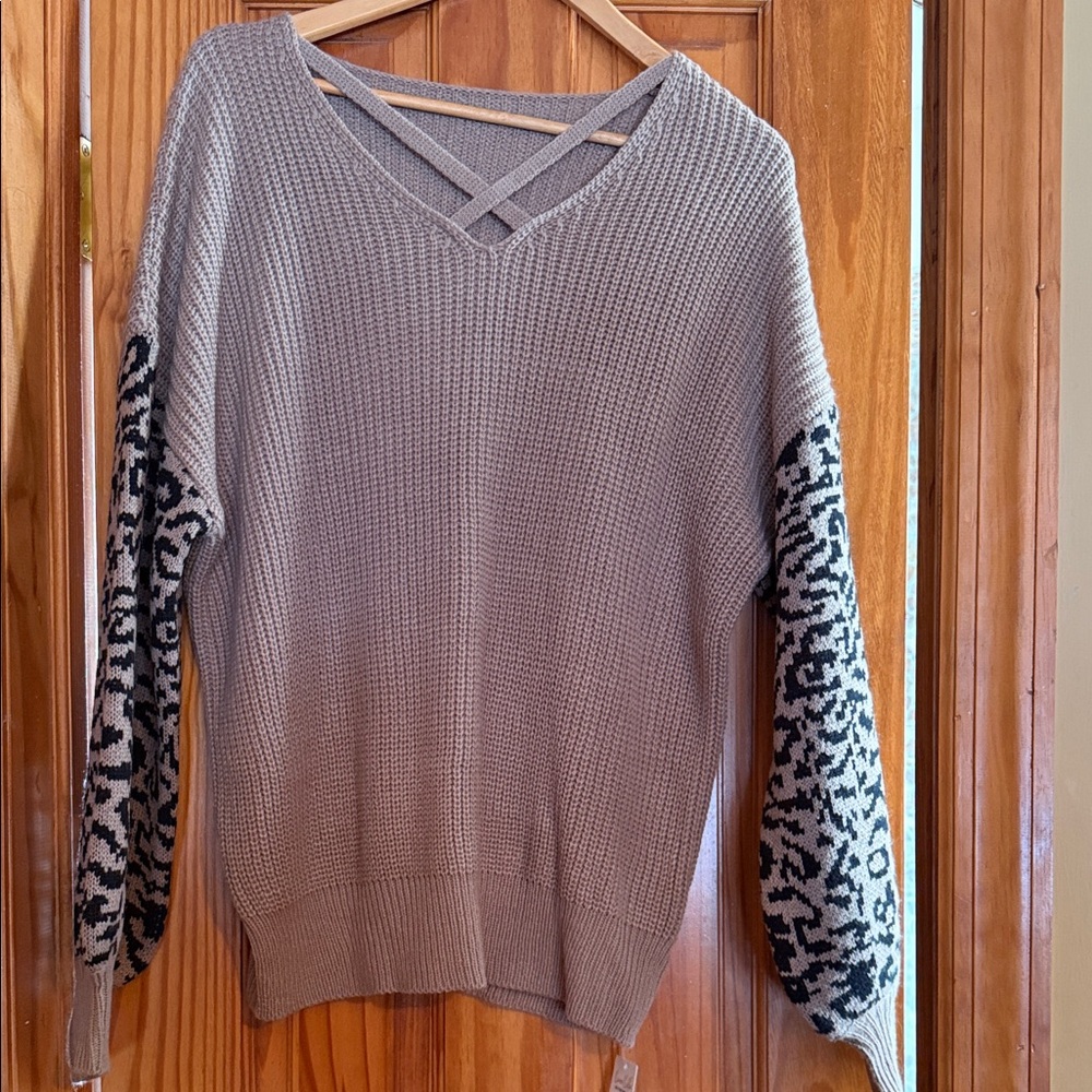 Cupshe Taupe V-Neck Sweater with Black Patterned Sleeves